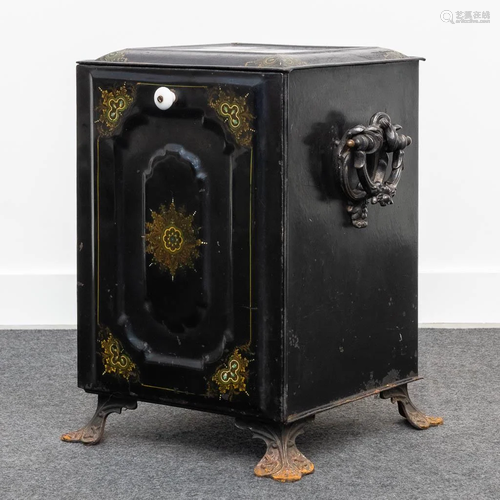 An antique and nicely decorated coal container. (37 x