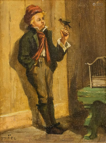 F. NOEL, elegant image of a boy with a bird, oil on