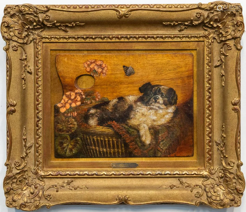 No signature found, a painting of a dog on a painter's