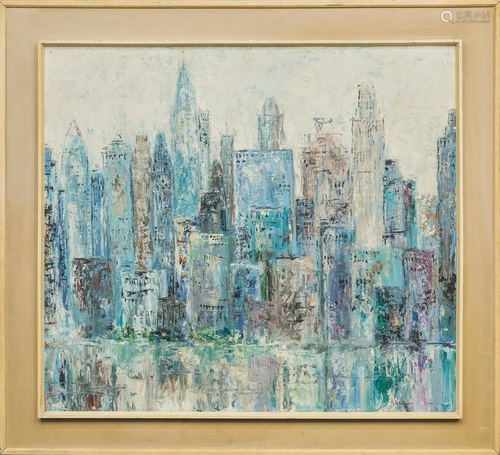 Illegibly signed, A view on Manhattan, around 1950. Oil