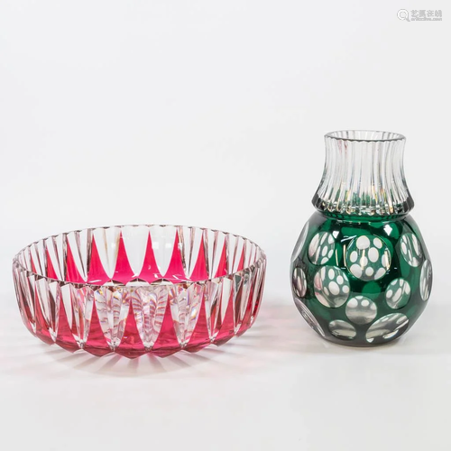 a vase and a bowl, made of cut crystal and marked Val