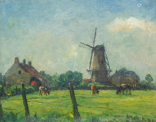 L�on MECHELAERE (1880-1964), landscape with windmill,