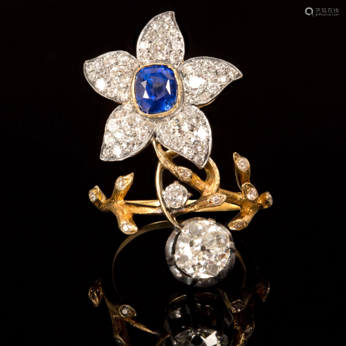 Antique Russian 18K Gold, Sapphire and Diamond Flower