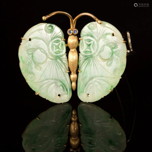 18k gold butterfly brooch with Chinese apple green jade