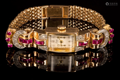 A Retro 18K Yellow Gold, Ruby and Diamond Swiss Watch
