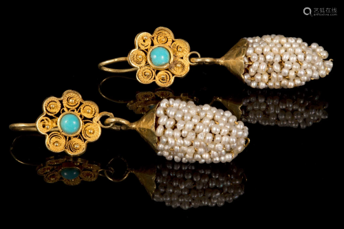 Bukhara Gold Earrings Set w/ Diamonds and Turquoises