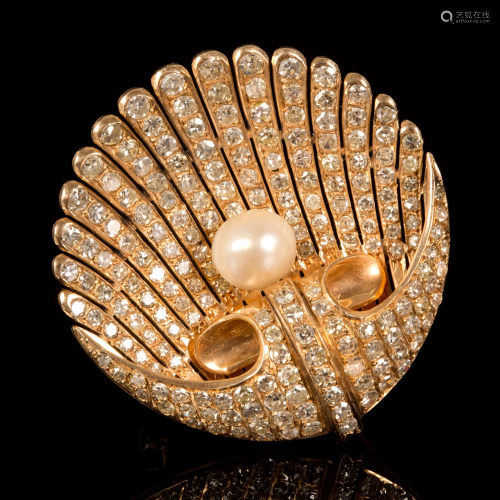 Art Deco Yellow Gold, Pearl and Diamond Seashell Brooch
