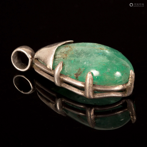 A Natural Emerald Bead in a Sterling Silver Pendant