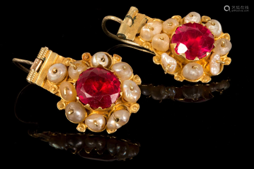 Bukhara Gold Earrings Set w/ Pearls & Red Corondum