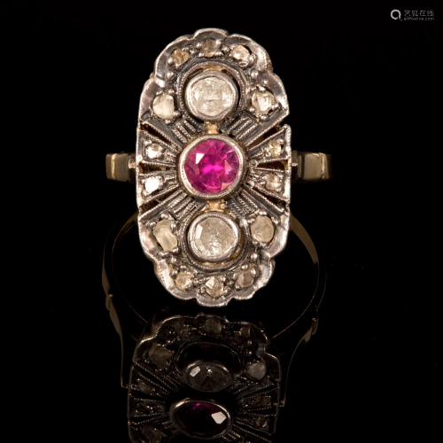 Victorian Silver Topped 14K Yellow Gold, Ruby and