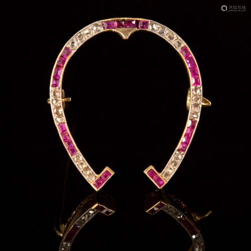 An Antique 18K Yellow Gold, Ruby and Diamond Horseshoe