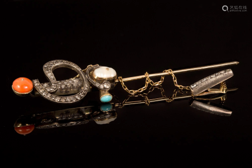 Silver, Yellow Gold, Diamond and Gem Sword Brooch