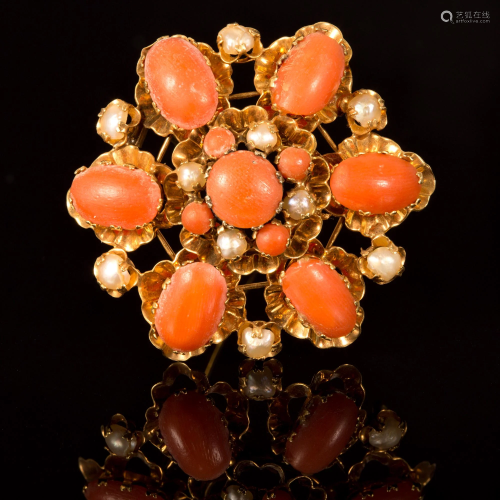 An Antique 18K Yellow Gold, Coral and Pearl Brooch