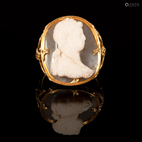 18k gold hard stone cameo ring of a young emperor