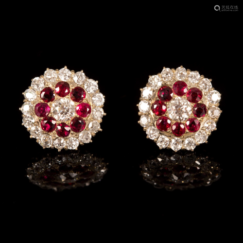 Antique 18K Yellow Gold, Silver, Diamond and Ruby