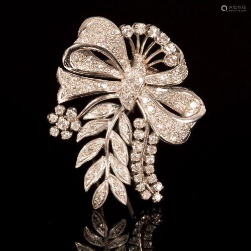 Antique Platinum and Diamond Bow and Floral Brooch
