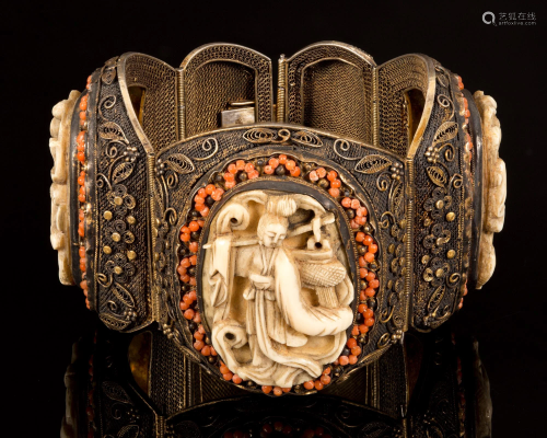 Chinese Gilded silver filigree, bone and coral bracelet