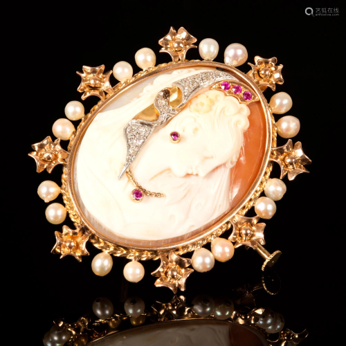 An Elegant 14K Gold, Pearl and Diamond Cameo Brooch