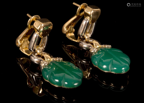 Pair of CARTIER 18k chalcedony and diamond earrings.