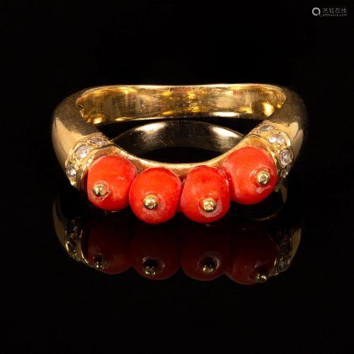 An Antique 18K Yellow Gold, Coral and Diamond Ring