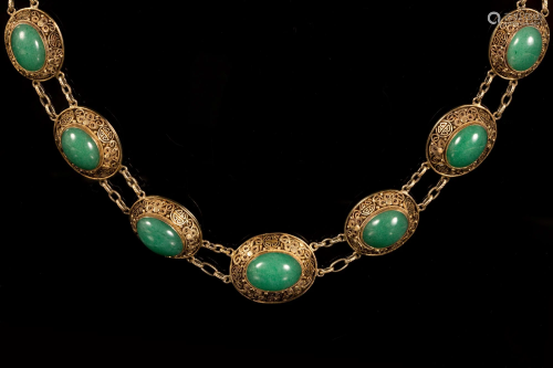 Chinese Export Gilt Silver and green stone set, Circa