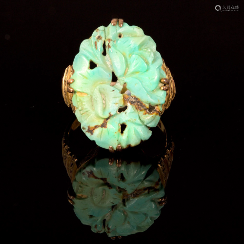 Russian/Chinese Art deco ring with carved turquoise -