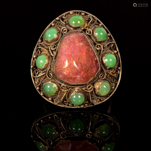A Chinese Export Silver, Tourmaline and jade Ring