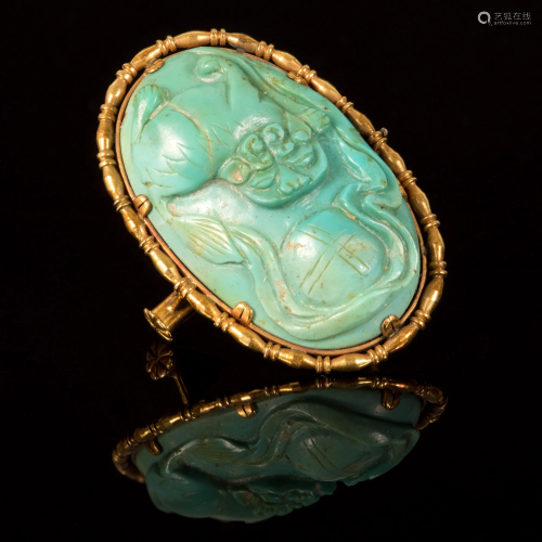 Chinese 14k gold and carved turquoise pin- China -1900
