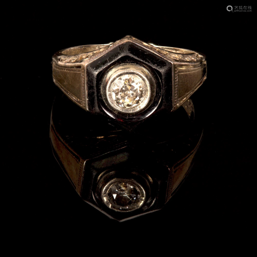 14k gold onyx and diamond Chinese Art deco ring- China