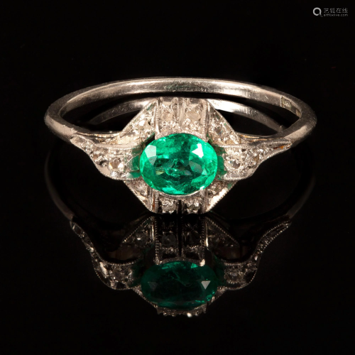 An Art Deco Platinum, Emerald and Diamond Ring