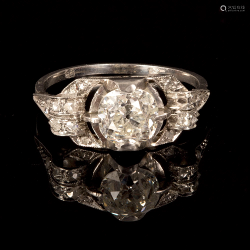 An Art Deco, French 18K White Gold and Diamond Ring