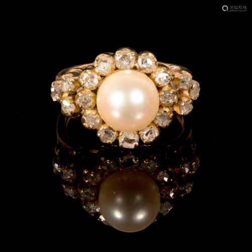Antique 14K Yellow Gold, Pearl and Diamond Ring