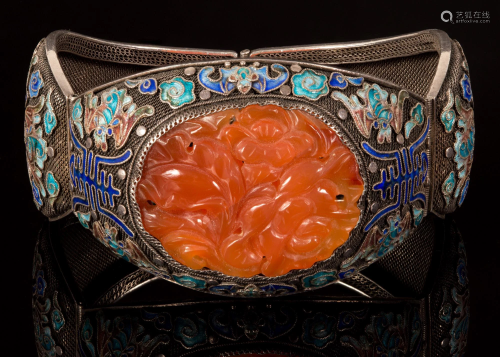 Chinese enameled silver bracelet carved carnelian China