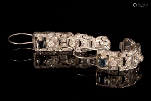 A Pair of Art Deco Platinum, Sapphire and Diamond