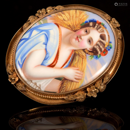 Swiss enamel painting of Biblical Ruth set in gold