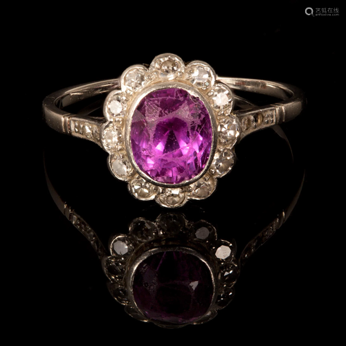 Antique 18K White Gold, Gemstone and Diamond Halo Ring