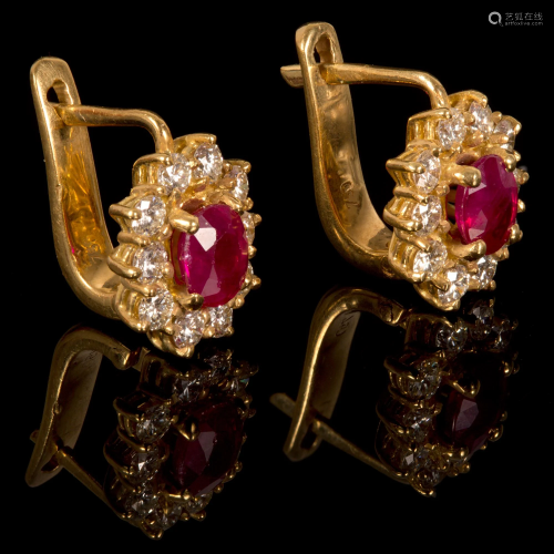 Fine 18K Yellow Gold, Ruby and Diamond Halo Earrings