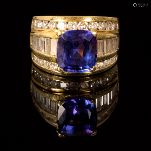 18K Yellow Gold, GIA Tanzanite and Diamond Ring