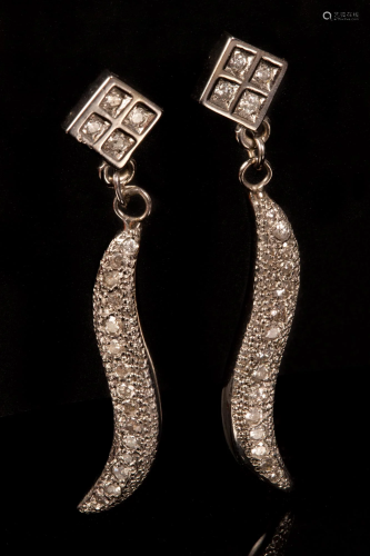A Pair of 14K White Gold and Diamond Earrings