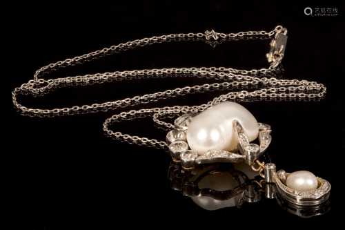 Elegant Art Nouveau, Pearl and Diamond Necklace