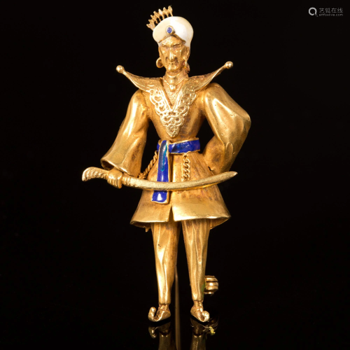18K yellow gold and enamel Oriental warrior brooch
