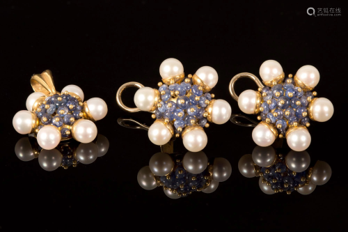 Italian 18K Yellow Gold, Sapphire and Pearl Jewelry,