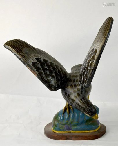 Pr Chinese Cloisonne Flying Hawk Figures on Base