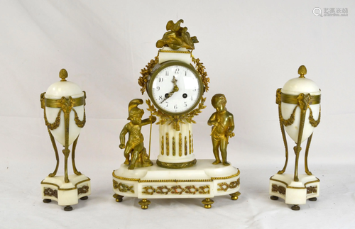 Three Pcs of Gilt Bronze & White Marble Clock Set