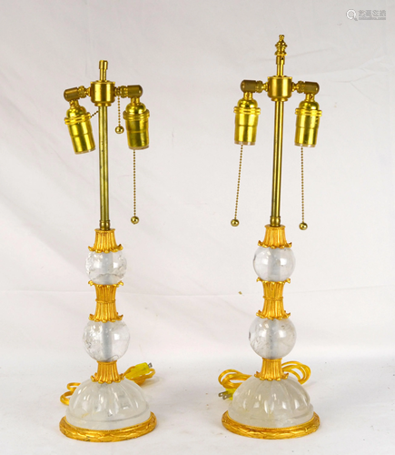 Pr Rock Crystal Balls Gold Leaf Lamps