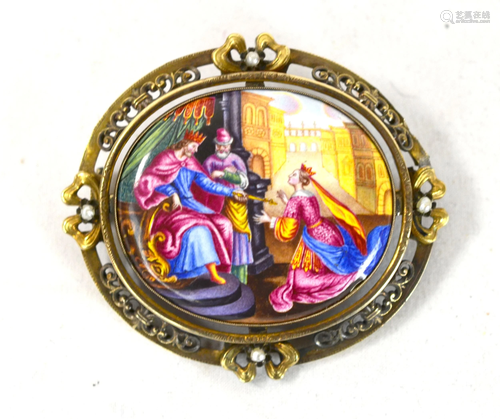 14K Gold Mounted Enamel on Copper Brooch