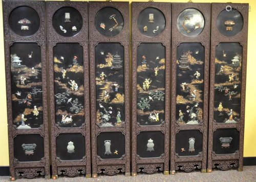 Chinese Inlaid Six -Panel Lacquered Screen