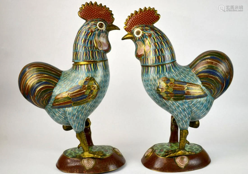 Pair of Large Chinese Cloisonne Roosters