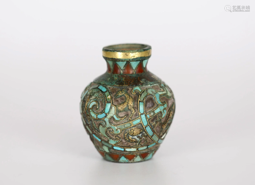 Chinese Archaic Bronze Vase w, Stone Inlaid