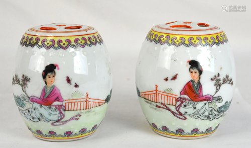 Pr Chinese Famille Rose Vases w. Cover